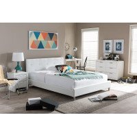Baxton Studio BBT6140-White-Bed Barbara White Modern Bed with Crystal Button Tufting (Queen Size)